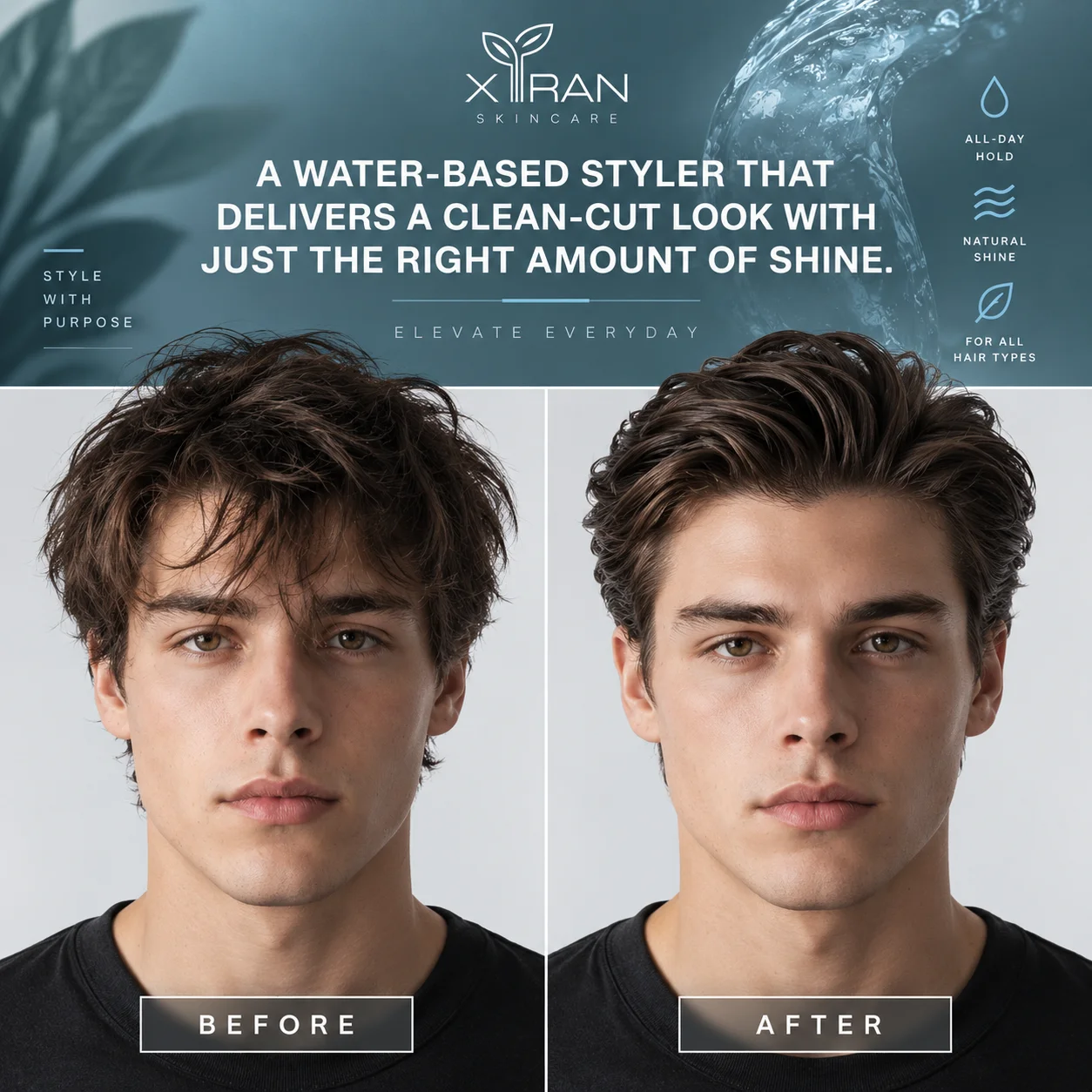 Comparison of a man's hairstyle before and after using a water-based styling product. The 'before' side shows messy hair, and the 'after' side shows a clean, styled look.